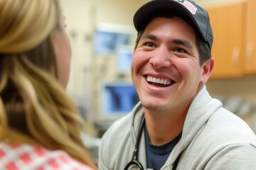 A man wearing a stethoscope around his neck smiles confidently, Visualize a patient smiling after the completion of a successful physical therapy, AI Generated