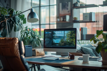 Minimalistic depiction, in sleek design, join a character like icon in Remote Workspaces, optimizing productivity and efficiency in the virtual office of tomorrow  - obrazy, fototapety, plakaty