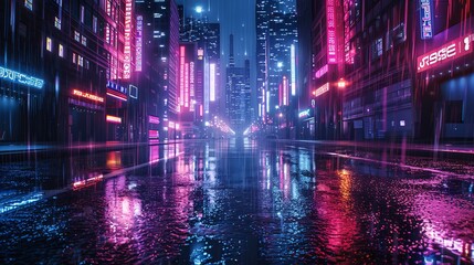 Photorealistic 3D illustration depicting a futuristic cityscape in cyberpunk style on a rainy night, featuring an empty street with neon lights reflecting on the wet pavement.