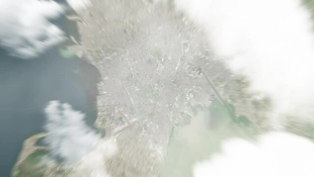 Earth zoom in from space to Taguig City, Philippines. Followed by zoom out through clouds and atmosphere into space. Satellite view. Travel intro. Images from NASA