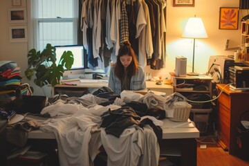 A woman seated at a desk, surrounded by a heap of garments, engaged in a task related to the clothing items, Working from home amidst a pile of laundry, AI Generated
