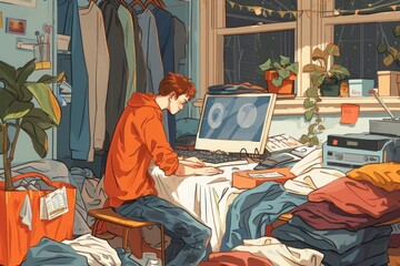 In this photo, a man is seen sitting at a computer in a cluttered and disorganized room, surrounded by various items, Working from home amidst a pile of laundry, AI Generated - obrazy, fototapety, plakaty