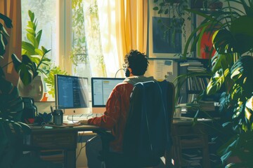 A person seated at a desk, engaged in computer work, Working from home in pajamas, a relaxing aura, AI Generated - obrazy, fototapety, plakaty