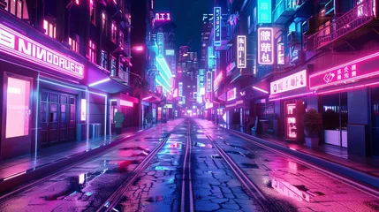 Gordijnen Photorealistic 3D illustration of a futuristic city in cyberpunk style, featuring an empty street adorned with neon lights and showcasing a grunge urban landscape. © Khalida
