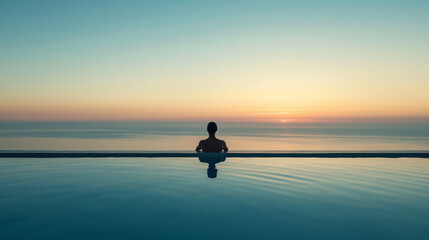 Bathed in the soft light of dawn, a person finds serenity and stillness while meditating in an infinity pool at a luxury retreat.