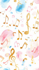 A pattern of musical notes and instruments in vibrant watercolor strokes, with a white background....