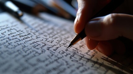 A man writes with a fountain pen. The handwriting is in italics. The background is dark and the focus is on the hand and pen.