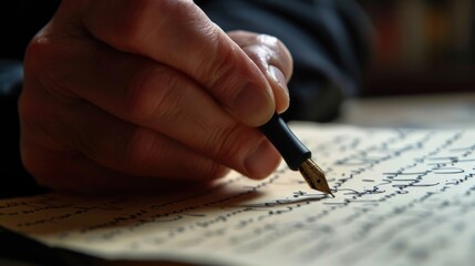 A man writes with a fountain pen on a sheet of paper. The handwriting is in black ink and looks old-fashioned. close-up of a hand. - obrazy, fototapety, plakaty