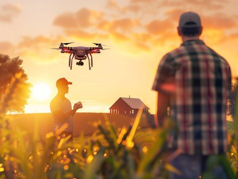 A man is standing in a field with a drone flying above him