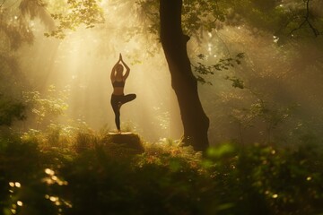 A person doing yoga exercises in the midst of a dense forest, surrounded by tall trees and green foliage, Yoga session in a mystical forest with a soft morning light, AI Generated