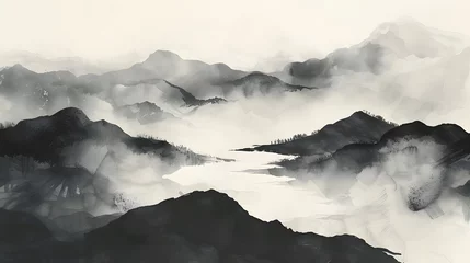 Papier Peint photo Lavable Gris Black ink wash painting of a landscape with Japanese oriental style.