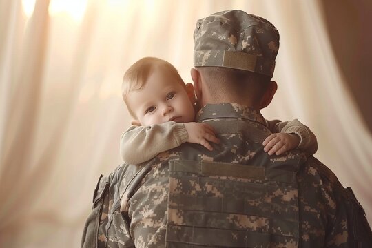 soldier hugs his newborn baby