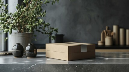 A box is on a table next to a plant and two vases.