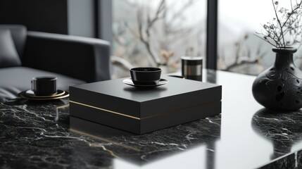 A black box with a bowl on top of it, placed on a table.