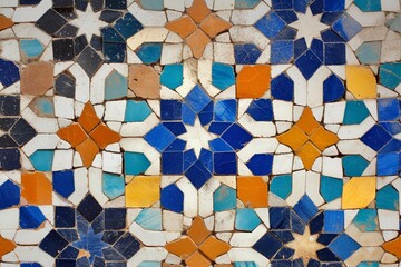 Close Up of a Colorful Tile Wall, Zoomed-in shot of a traditional Islamic pattern on ceramic tiles, AI Generated