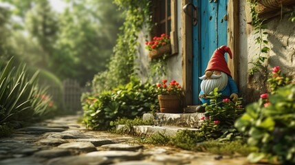 A garden gnome sits on a doorstep surrounded by flowers and greenery. - obrazy, fototapety, plakaty