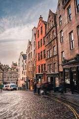 Store fronts and old architecture along West Bow and Victoria Street in Edinburgh Old Town, Scotland