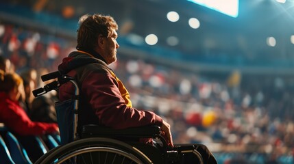 A man in a wheelchair sits in the stands at a crowded sports event. - obrazy, fototapety, plakaty