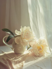 Fototapeta na wymiar Peony white flowers in vase on table, covered with white cloth. Bouquet of delicate fresh flowers, spring harmony. Beige color palette. Pinhole photography. Side lighting with shadows. Copy space.
