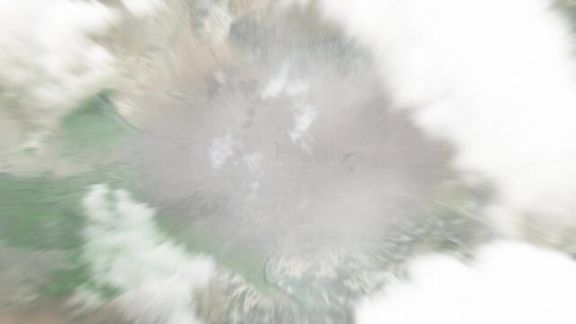 Earth zoom in from space to Moron, Mongolia. Followed by zoom out through clouds and atmosphere into space. Satellite view. Travel intro. Images from NASA