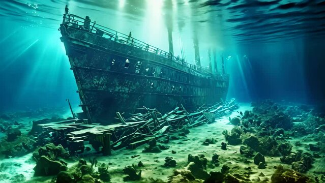 Sunken ship wreck in the blue ocean. Underwater view, Titanic shipwreck lying silently on the ocean floor. The image showcases the immense scale of the shipwreck, AI Generated