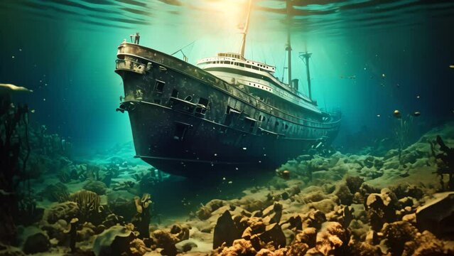 Shipwreck in the sea. Underwater world. 3d rendering, Titanic shipwreck lying silently on the ocean floor. The image showcases the immense scale of the shipwreck, with its fragmented, AI Generated