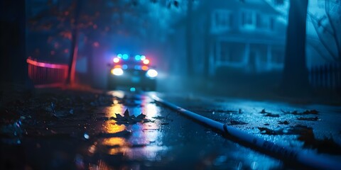 CSI team investigates murder at a crime scene with a blurred police car outside a haunted house. Concept CSI Investigation, Murder Scene, Blurred Police Car, Haunted House, Crime Scene Analysis