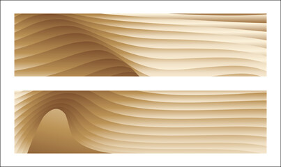 Wavy golden parallel gradient lines, ribbons, silk. Golden with shades of yellow background, banner, poster. Set of 2 backgrounds. Eps vector