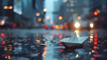 Paper Boat Floating on Puddle