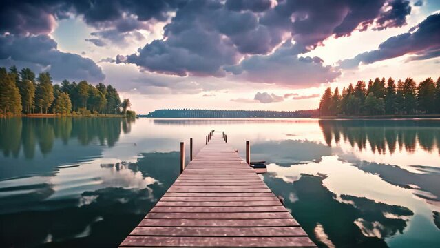 Wooden pier on the lake at sunset. Beautiful summer landscape, Small boat dock and beautiful sunset landscape view with a huge lake, AI Generated