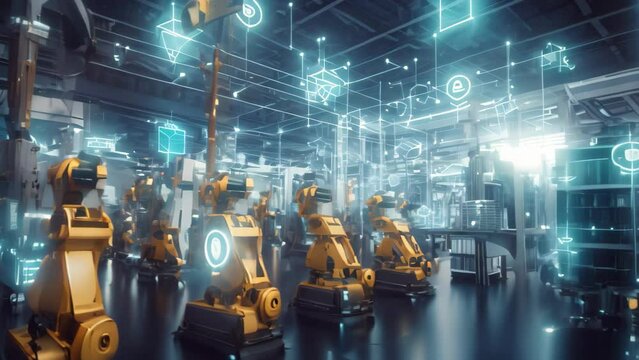 Smart industry 4.0 concept - Smart factory for fourth industrial revolution with icon graphic showing automation system by using robots and automated machinery controlled via internet, AI Generated