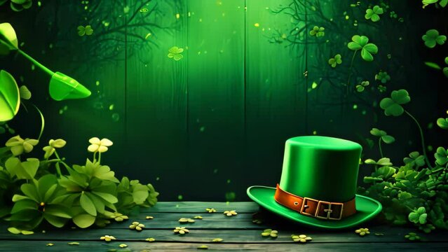 St. Patrick's Day background with green hat and clover leaves, St. Patrick's Day composition with green beer, shamrock, leprechaun hat, horseshoe and musical instruments on brown, AI Generated