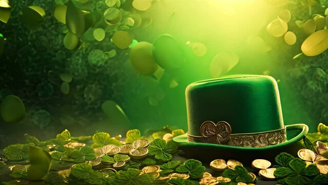 Green leprechaun hat with gold coins on bokeh background, St. Patrick's Day composition with green beer, shamrock, leprechaun hat, horseshoe and musical instruments on brown background, AI Generated
