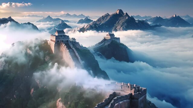 The Great Wall of China at sunrise,panoramic view, The Great Wall of China in the mist , lying long, surrealist view from drone photography, 8k , AI Generated