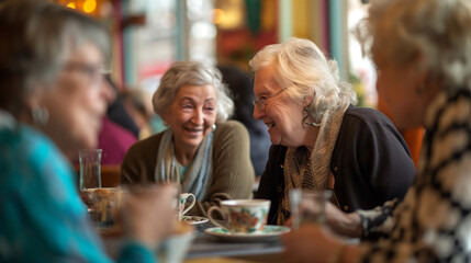 In a cozy cafe, a group of senior women gather, their laughter and lively conversation filling the air with warmth and camaraderie. - obrazy, fototapety, plakaty