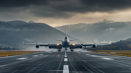  In a captivating scene from the front view, a state-of-the-art commercial jetliner descends gracefully onto the runway of the bustling airport.