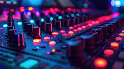 a mixing board with colorful neon lights
