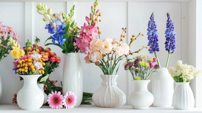 Colorful flowers in white vases on the table in white wall room background. AI generated