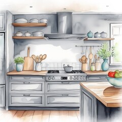 Watercolor illustration of a modern grey kitchen. Minimalist interior design idea