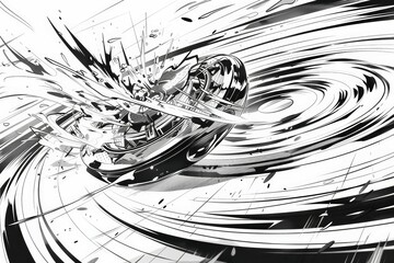 A black and white comic-style illustration of a Beyblade toy top spinning 