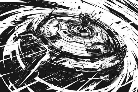 A black and white comic-style illustration of a Beyblade toy top spinning 