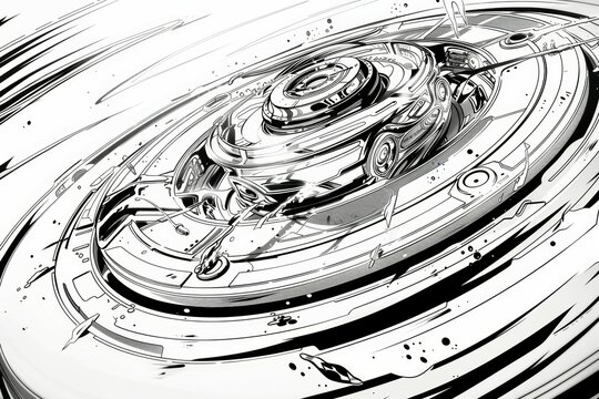 A black and white comic-style illustration of a Beyblade toy top spinning 
