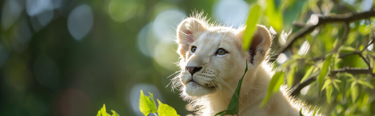 Leão albino na natureza com o fundo desfocado - Banner - obrazy, fototapety, plakaty
