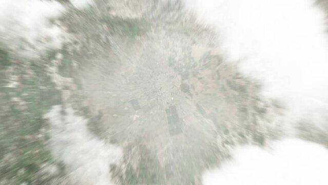 Earth zoom in from space to Marrakech, Morocco. Followed by zoom out through clouds and atmosphere into space. Satellite view. Travel intro. Images from NASA