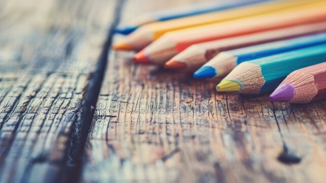 Multicolored wooden pencils group on the rustic wooden table. AI generated image