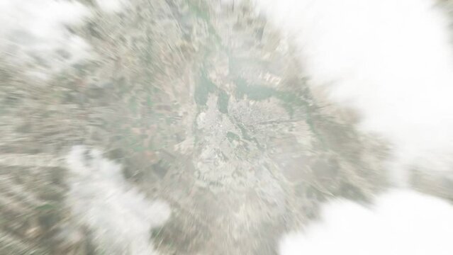 Earth zoom in from space to Meknes, Morocco. Followed by zoom out through clouds and atmosphere into space. Satellite view. Travel intro. Images from NASA