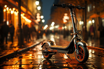 An electric scooter on urban street background - the trend toward compact, efficient, and personalized modes of transportation shaping the future cityscape. - obrazy, fototapety, plakaty