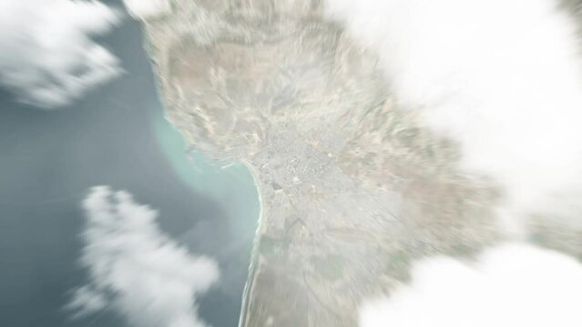 Earth zoom in from space to Agadir, Morocco. Followed by zoom out through clouds and atmosphere into space. Satellite view. Travel intro. Images from NASA