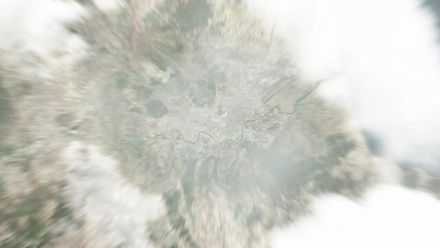 Earth zoom in from space to Tetouan, Morocco. Followed by zoom out through clouds and atmosphere into space. Satellite view. Travel intro. Images from NASA