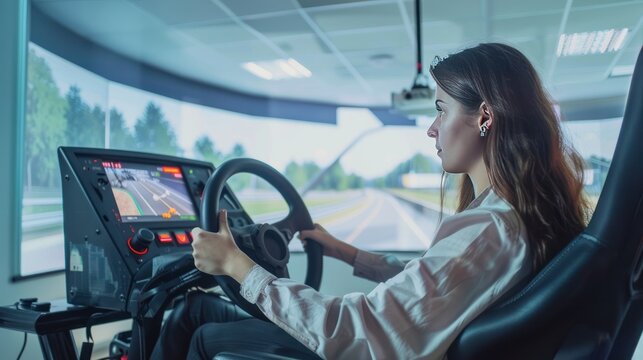 Portrait woman playing simulator racing car with digital simulation screen steering wheel controller